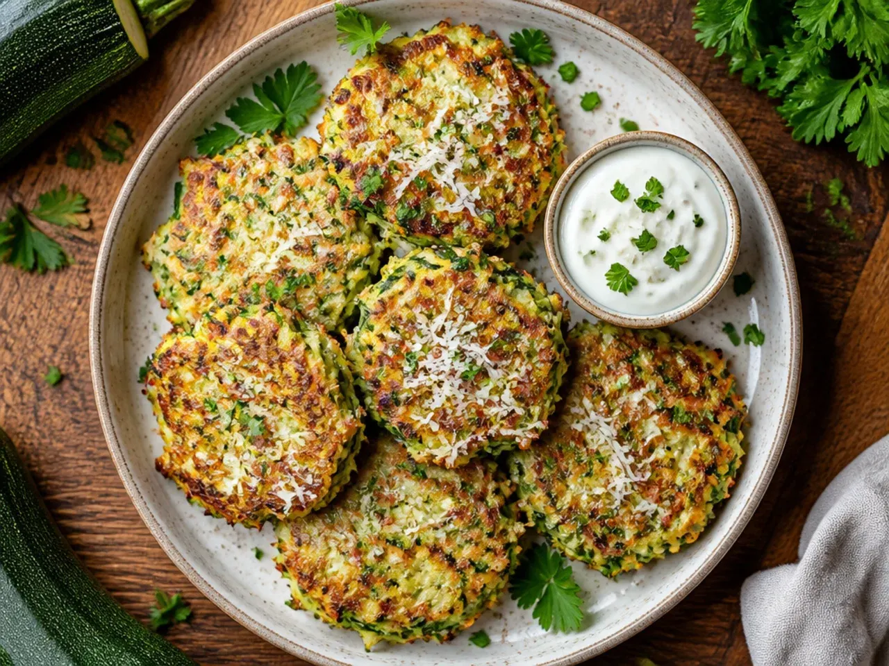 Crispy chicken and zucchini fritters stacked with a yoghurt dip
