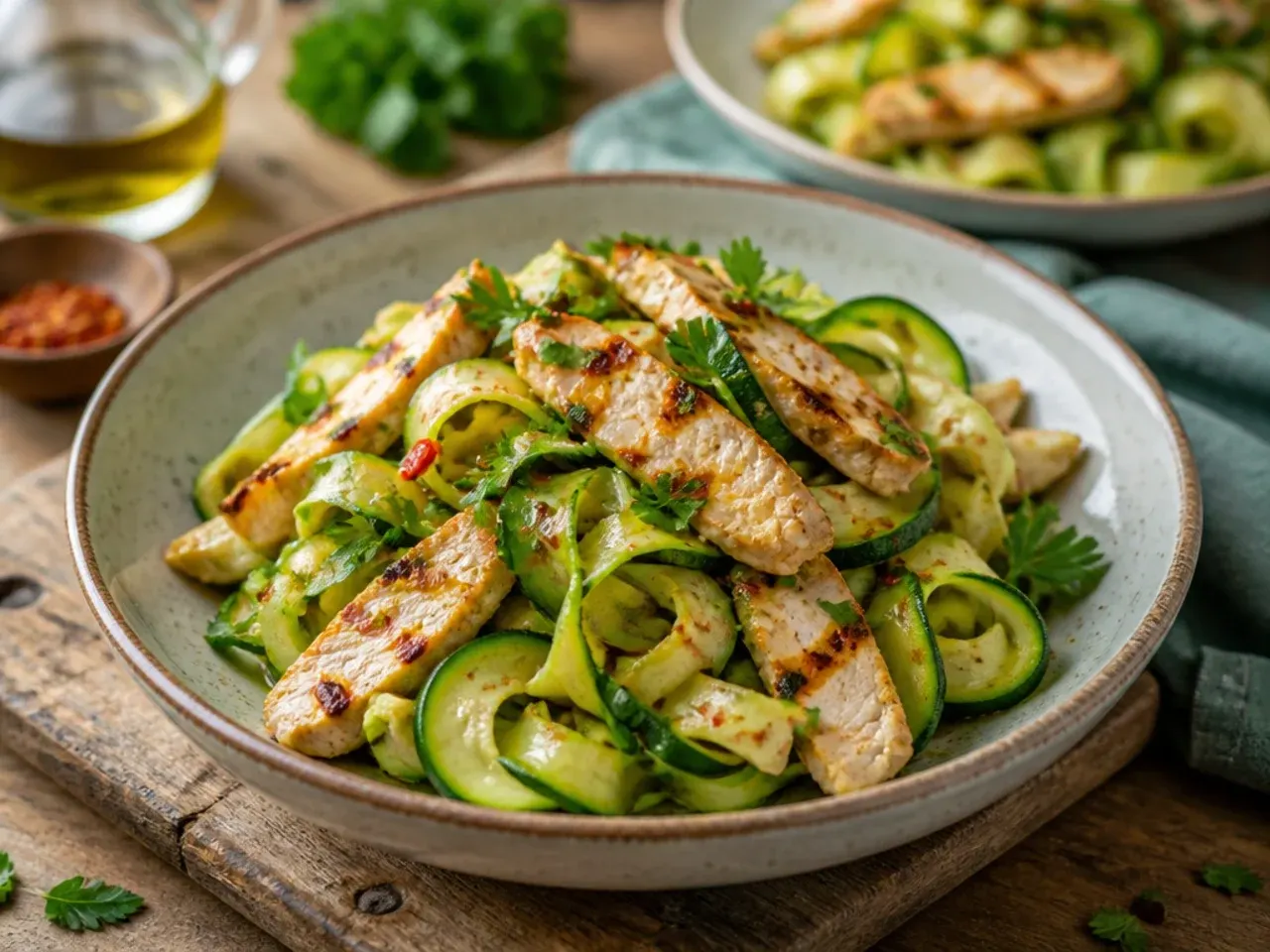 Fresh chicken and zucchini ribbon salad with shaved parmesan