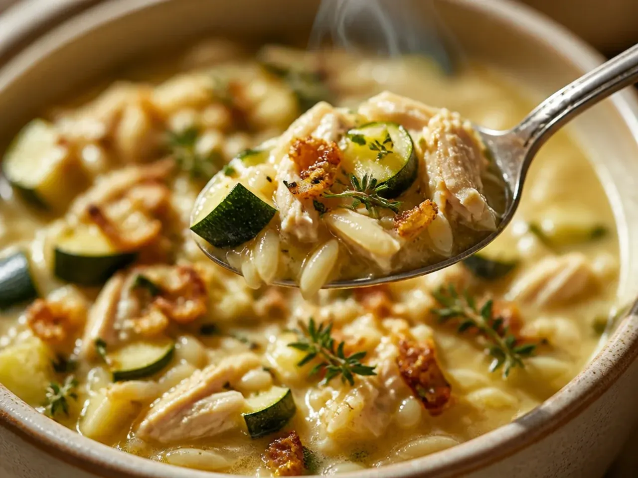 Bowl of cozy chicken zucchini and orzo soup with lemon