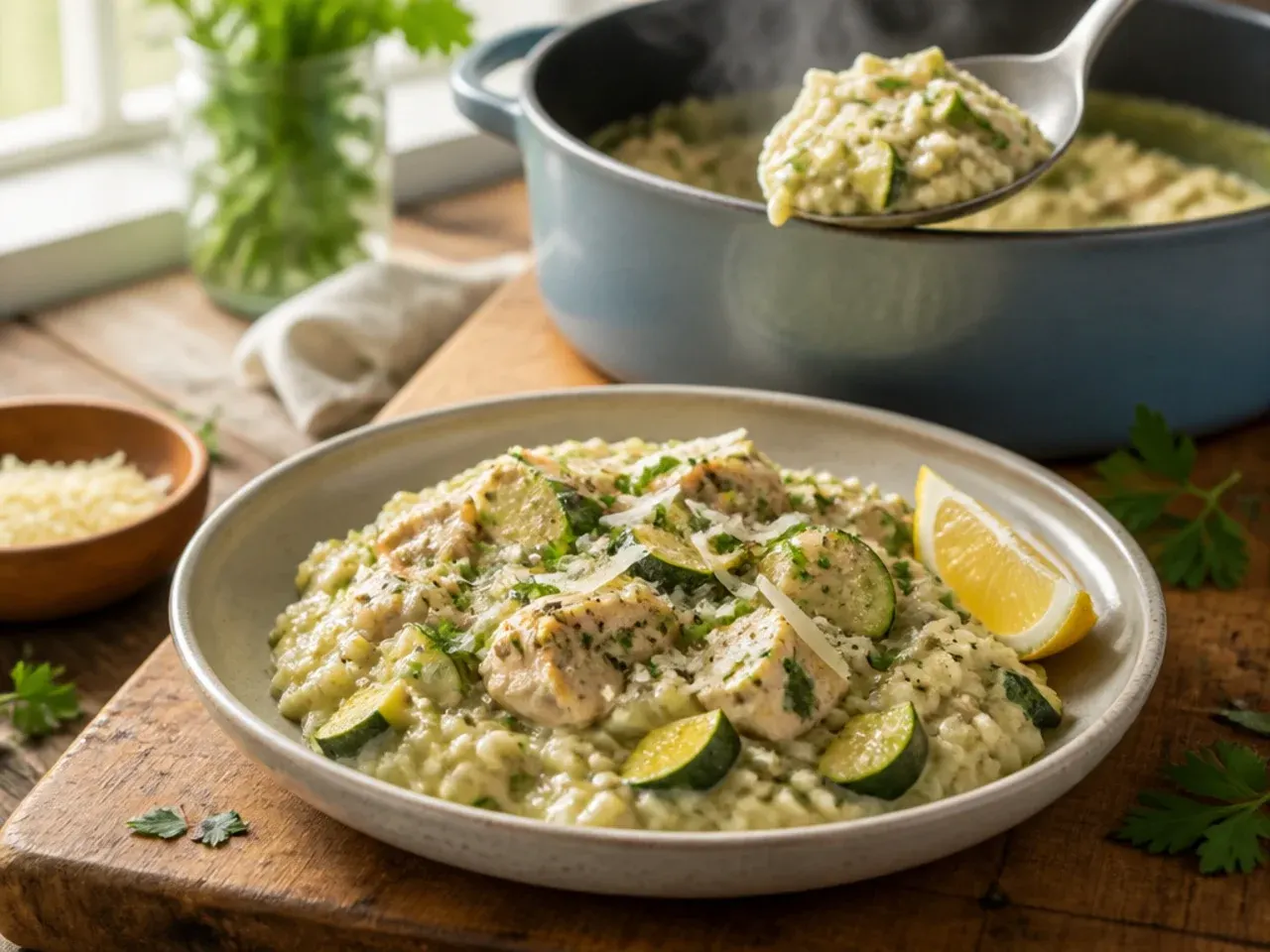 Creamy chicken and zucchini risotto finished with parmesan