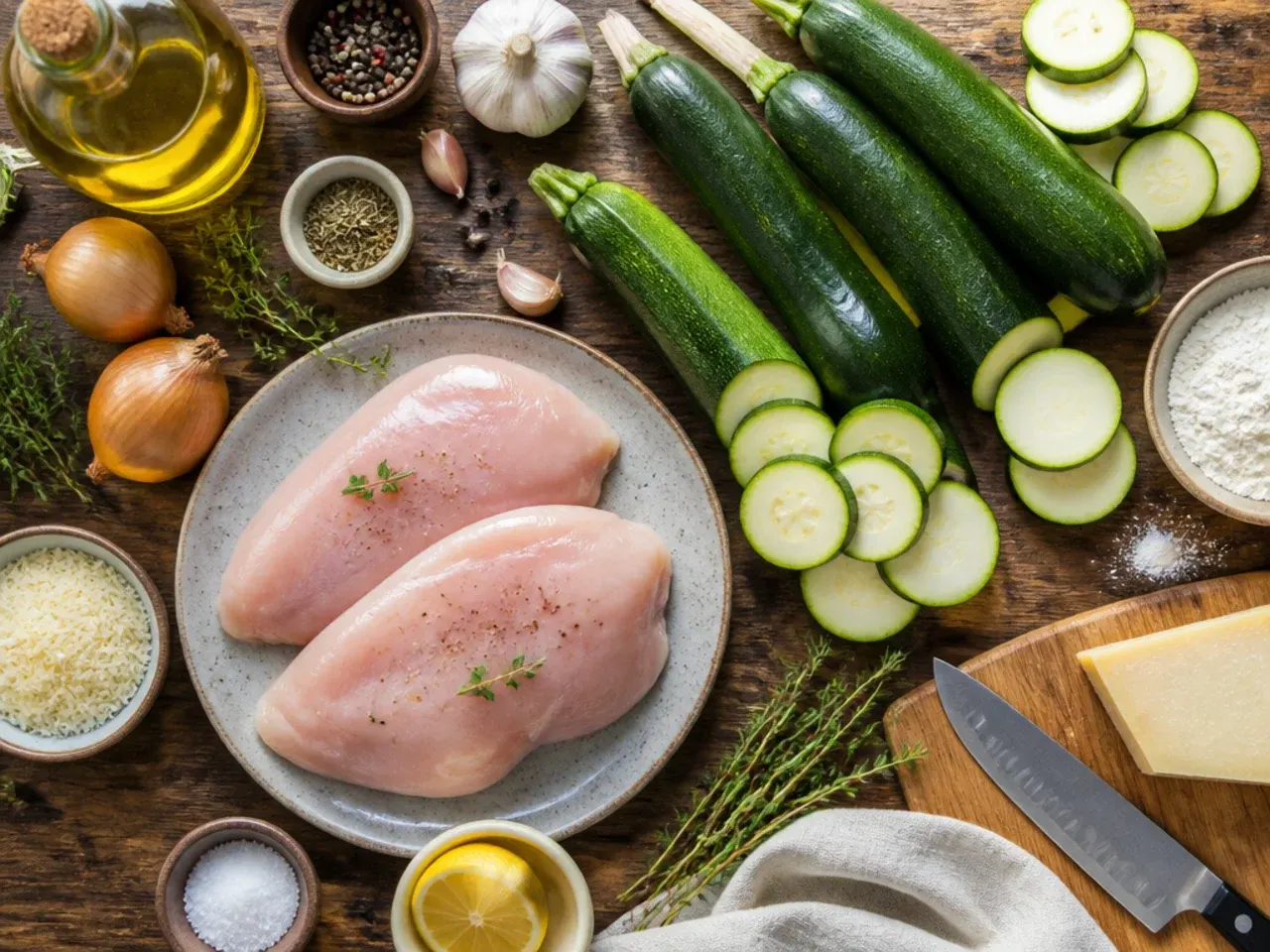 Close-up of salted zucchini slices draining excess water on a board