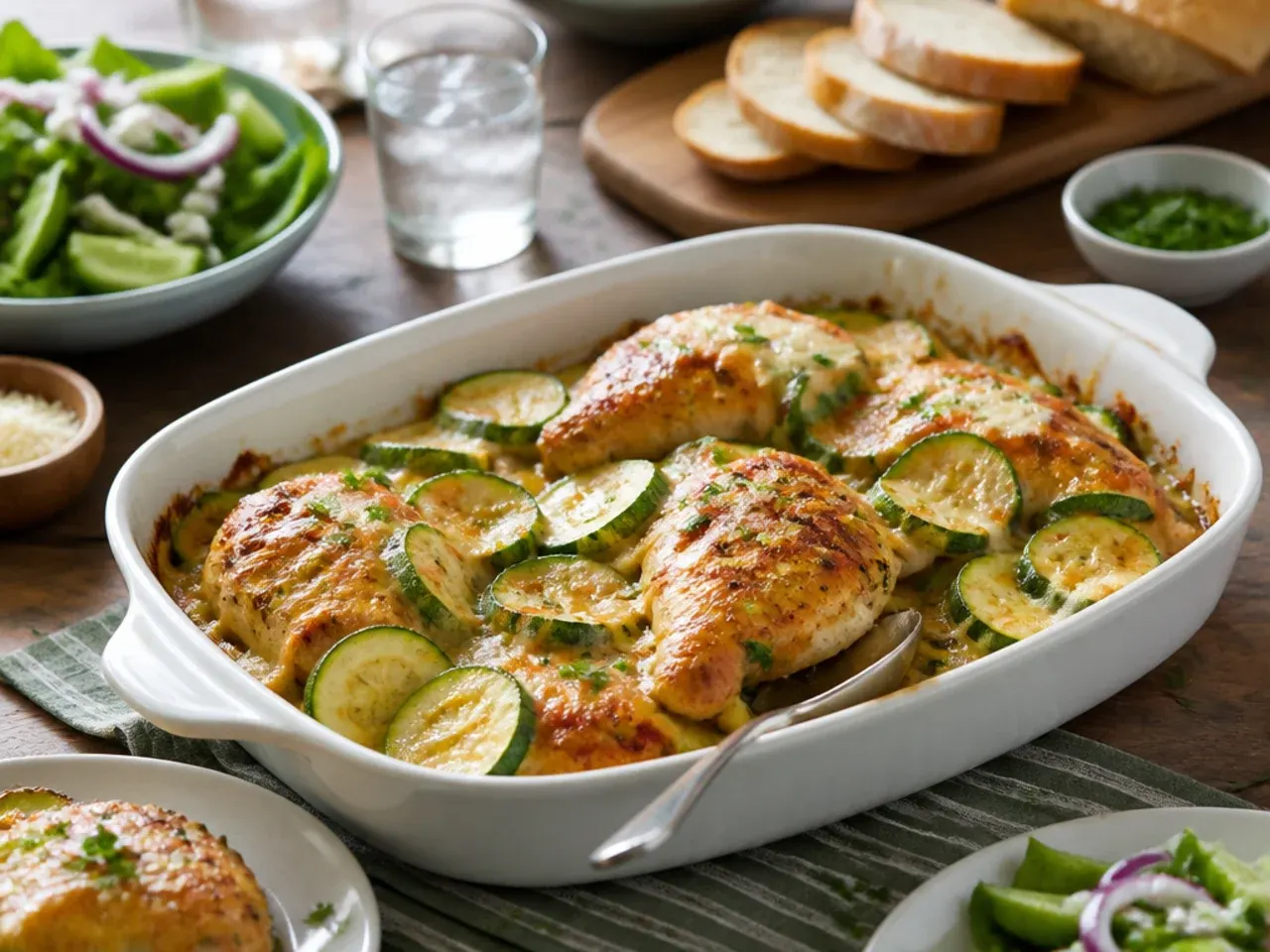 Table spread of chicken and zucchini dishes served with rice and bread
