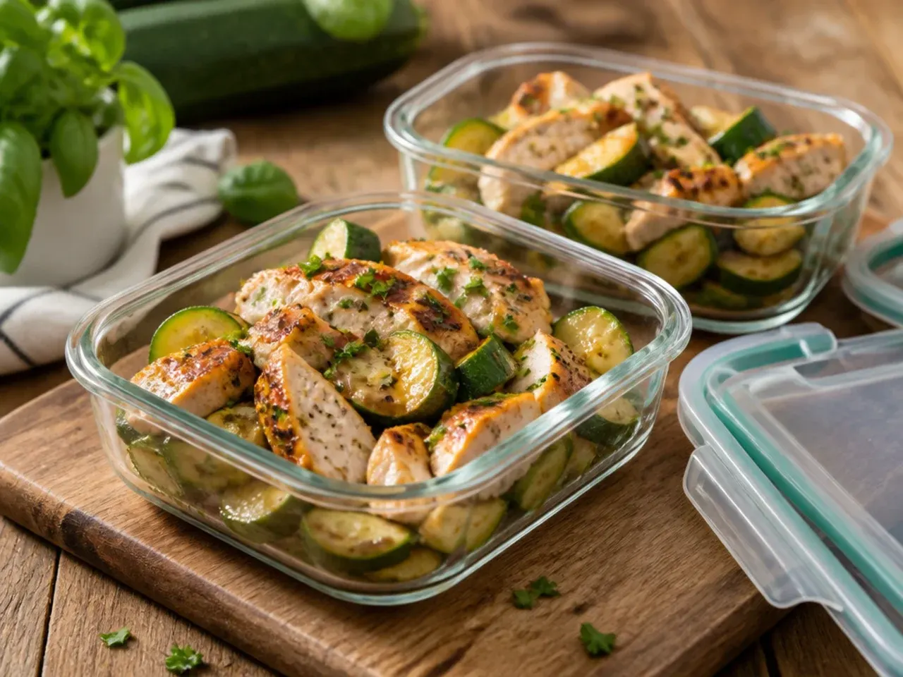 Chicken and zucchini leftovers stored in glass containers in the fridge