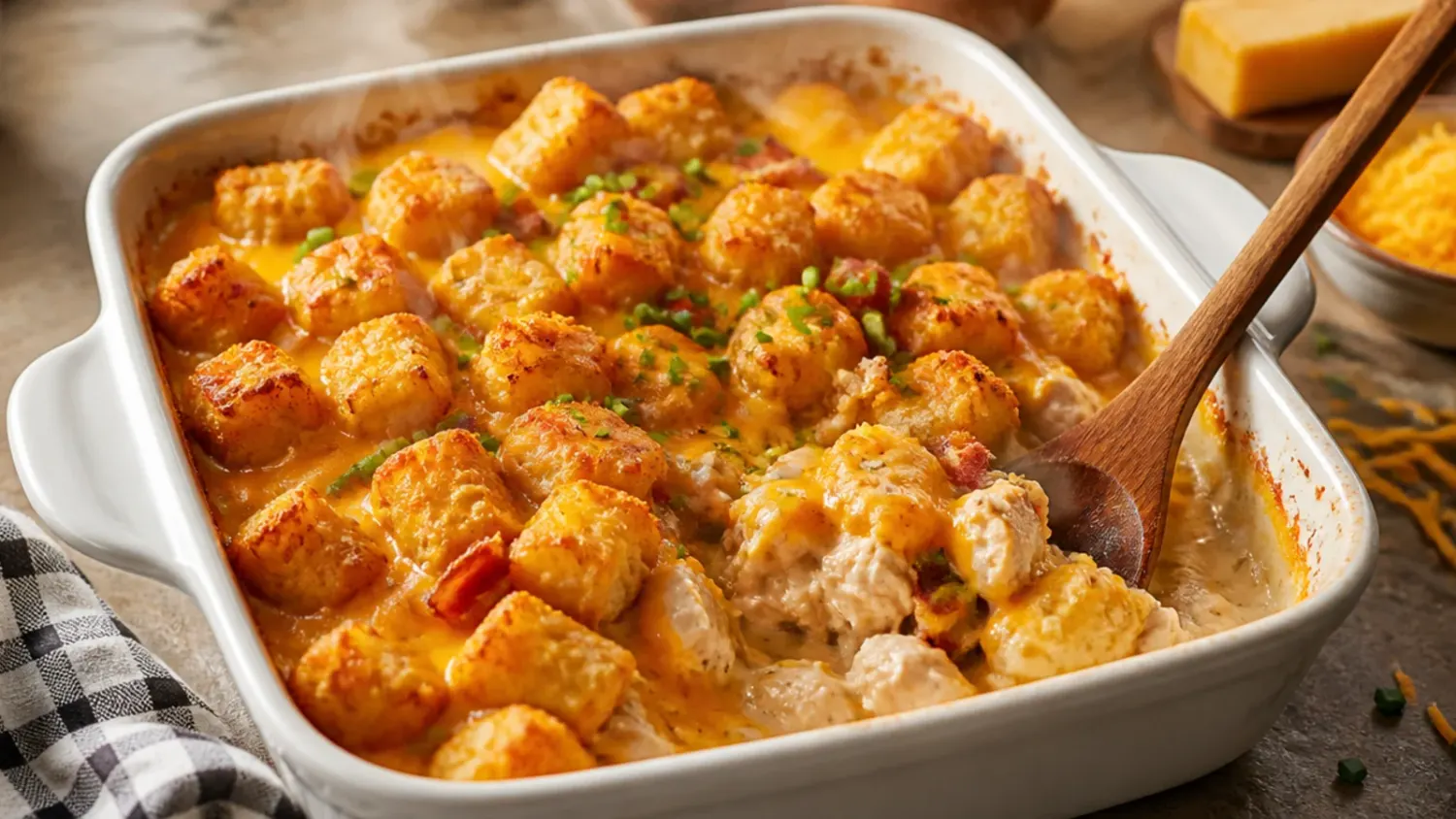 Overhead shot of chicken bacon ranch tater tot casserole in a white baking dish, with golden tater tots, melted cheddar, and crumbled bacon on top