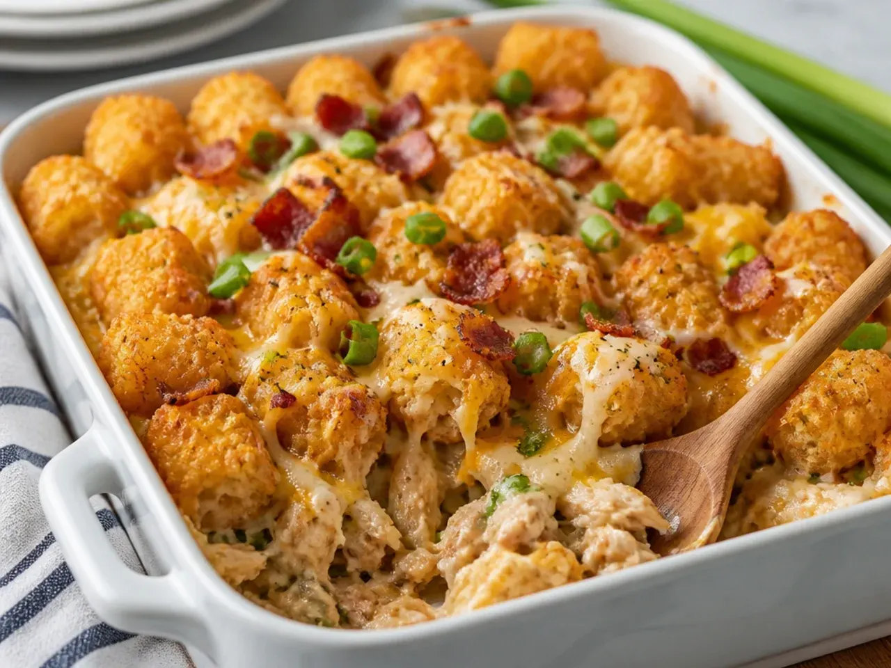 Golden chicken bacon ranch tater tot casserole fresh out of the oven in a white baking dish