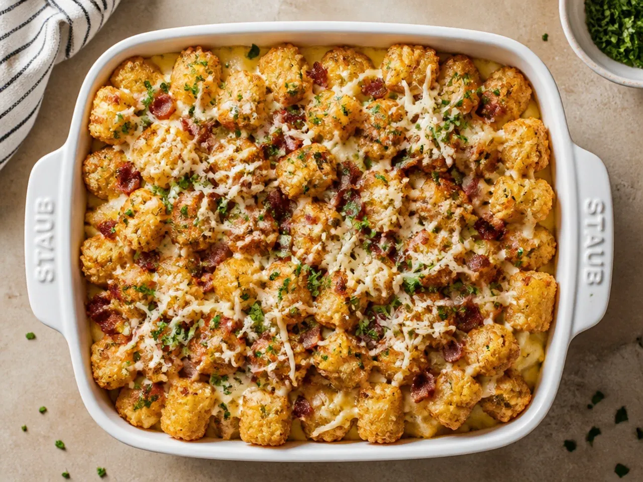 Close-up of the classic chicken bacon ranch tater tot casserole with a spoon lifting a cheesy portion