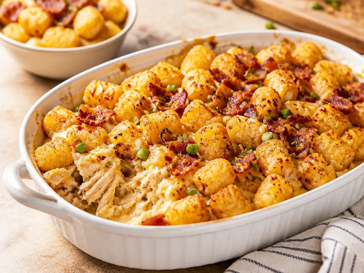 Bowl of five simple ingredients being stirred together for an easy shortcut tater tot casserole