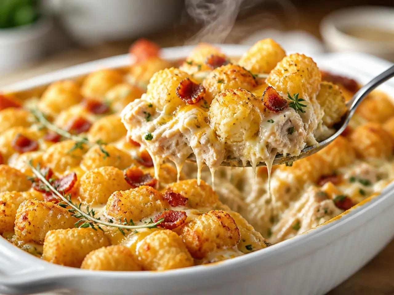 Hearty double-meat tater tot casserole with visible ground beef and shredded chicken in the filling