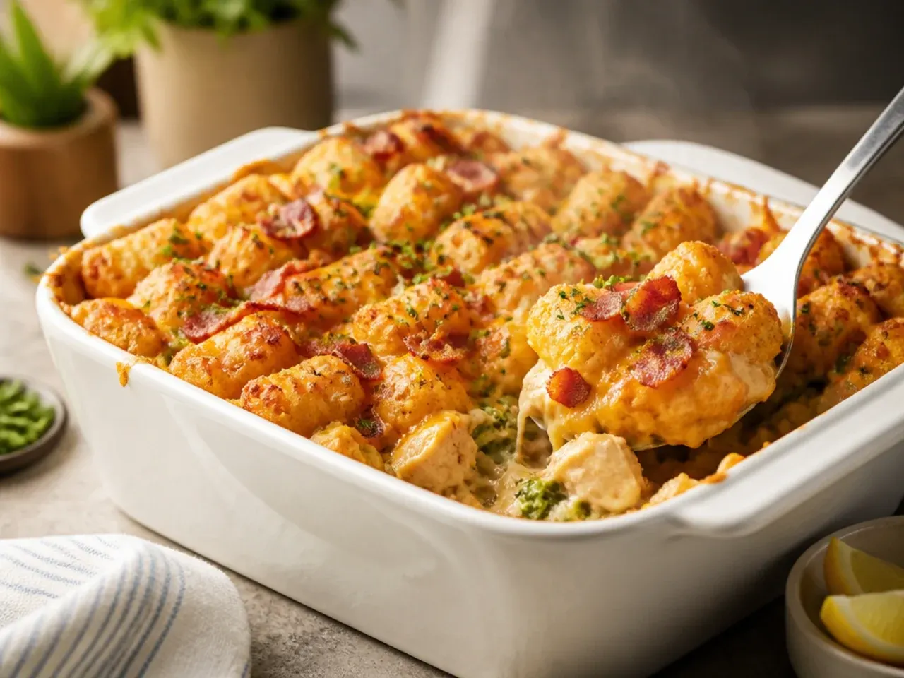 Broccoli cheddar tater tot casserole with green florets peeking through the cheesy chicken layer