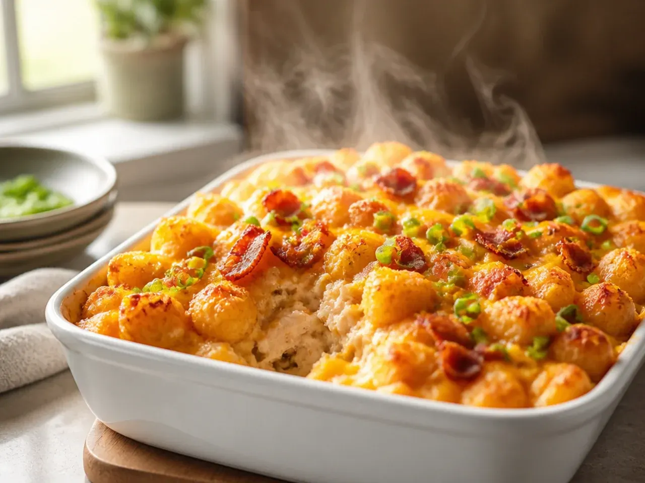 Spoon pulling up a thick, extra-creamy ranch sauce from the tater tot casserole