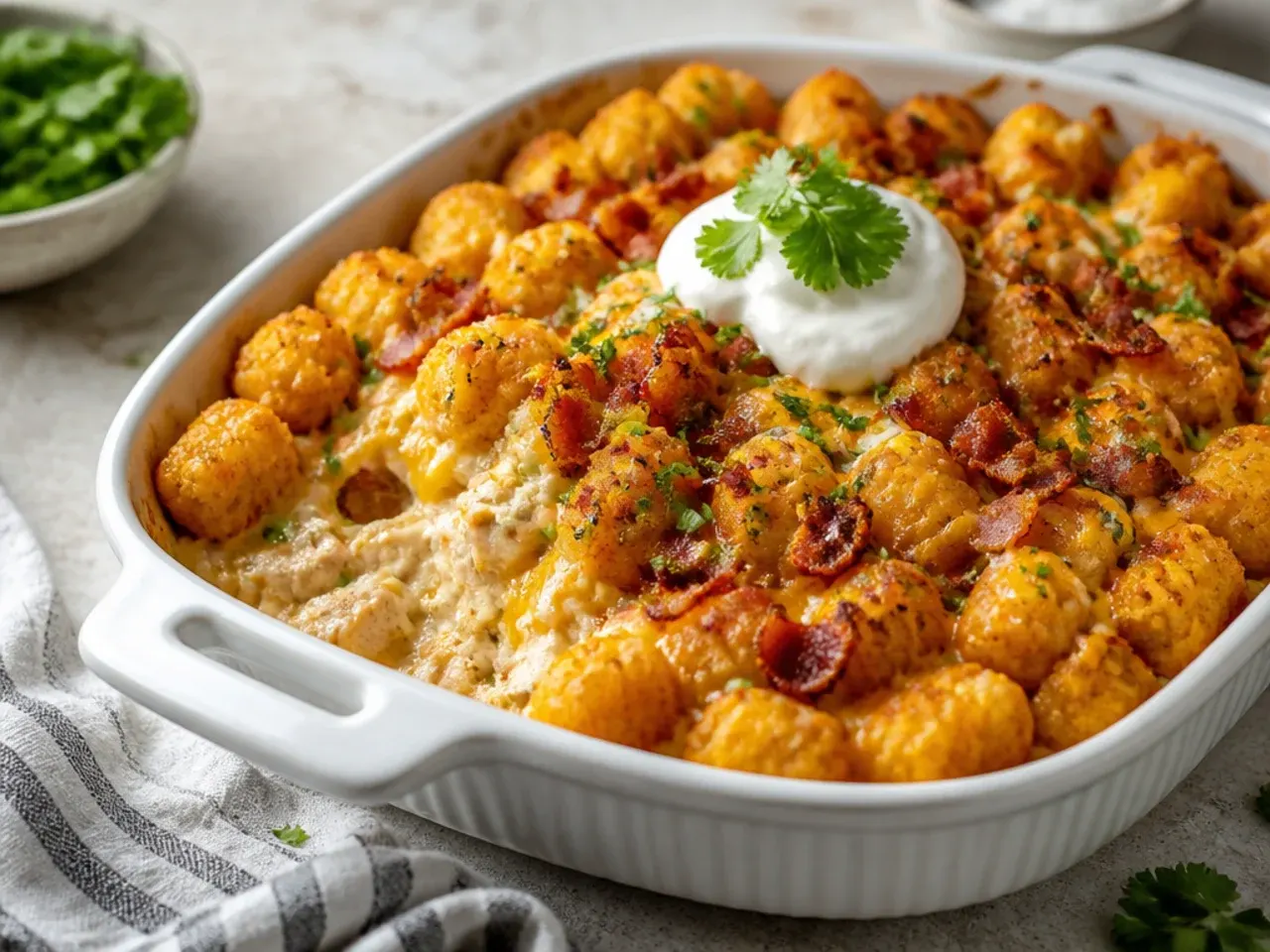 Triple-cheese tater tot casserole with a golden, crackly parmesan crust on top