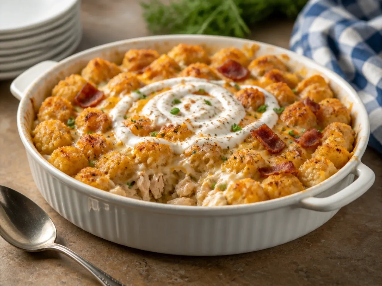 Southern-style spiced tater tot casserole served alongside a side of coleslaw