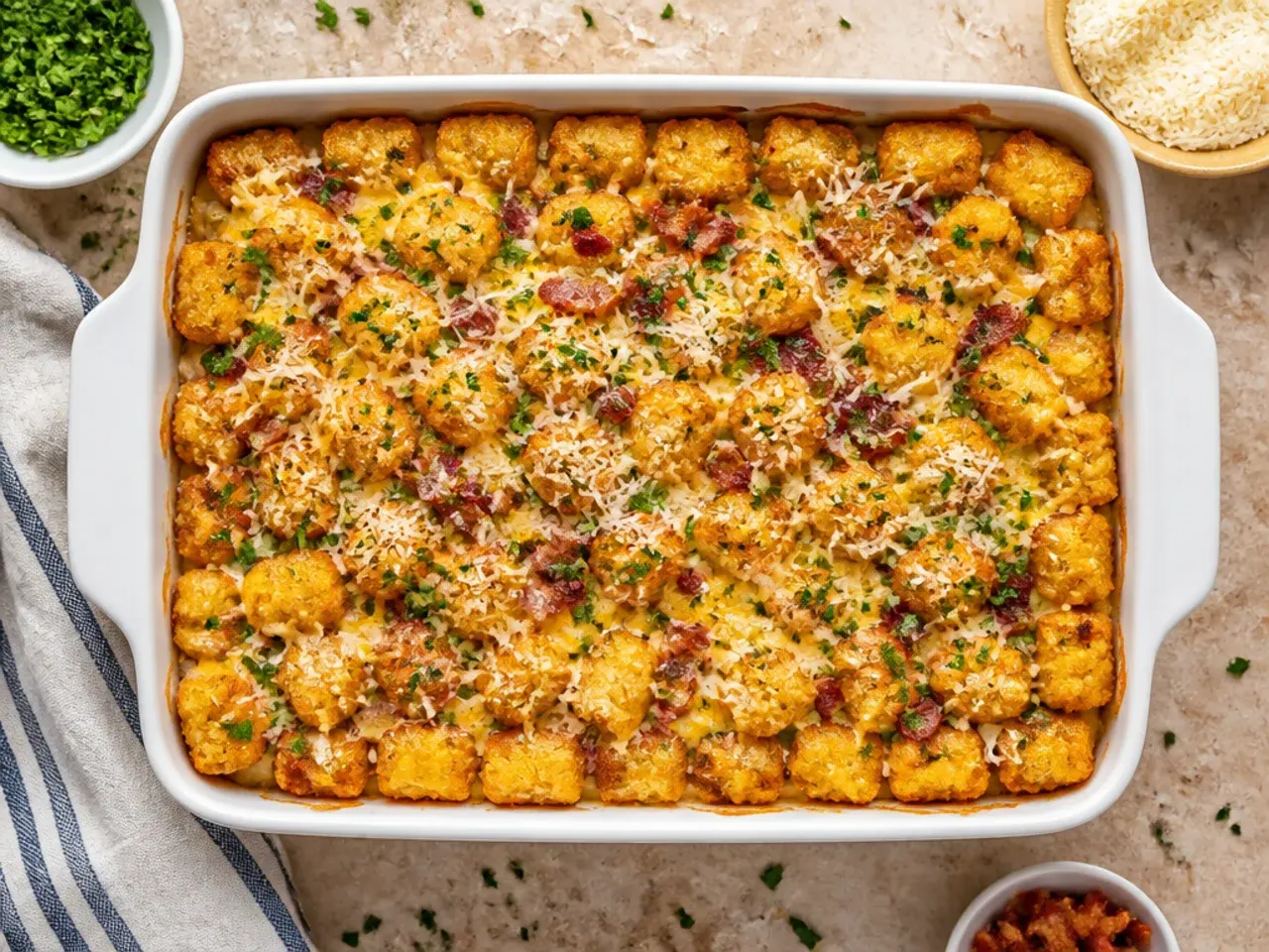Budget ground chicken tater tot casserole in a simple glass baking dish