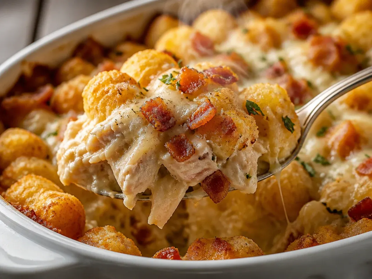 Chicken bacon ranch tater tot casserole baked and served in a cast-iron skillet
