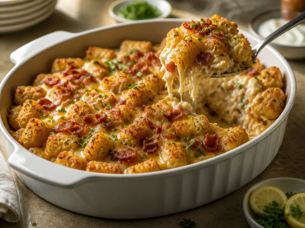 Loaded baked-potato-style tater tot casserole topped with sour cream, bacon, and chives