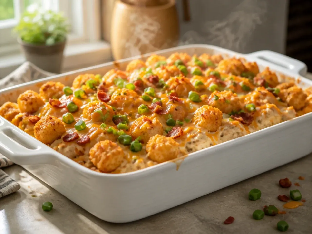 Two large baking dishes of chicken bacon ranch tater tot casserole for a family-size double batch