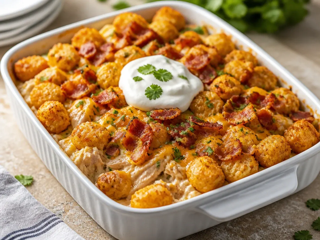 One-pot skillet with bacon and chicken being combined with ranch sauce before topping with tots