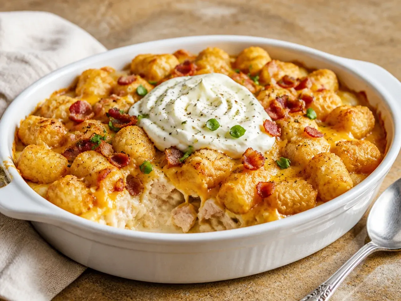 Slow cooker filled with chicken bacon ranch casserole topped with tater tots
