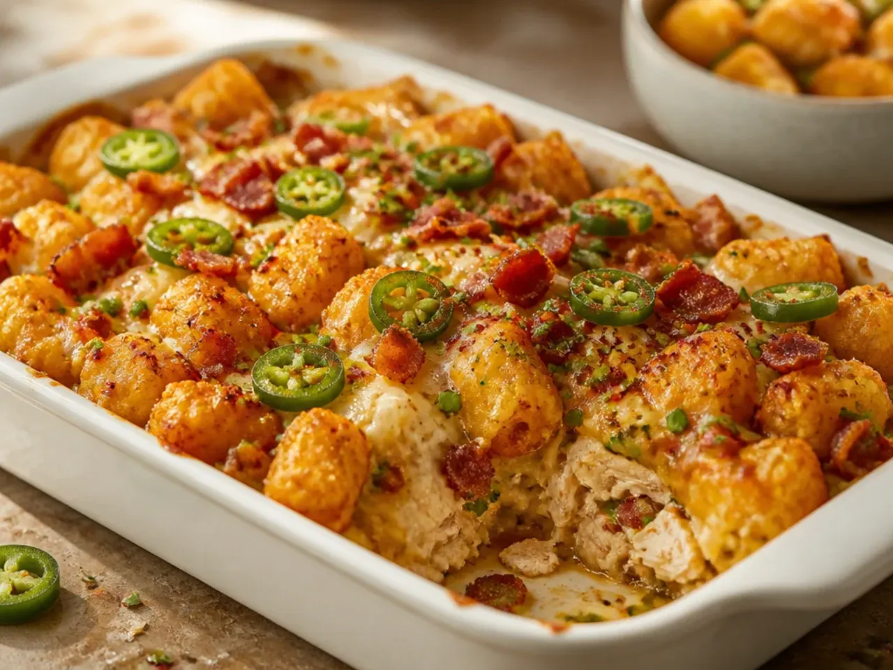 Spicy jalapeño tater tot casserole topped with pepper jack cheese and sliced jalapeños