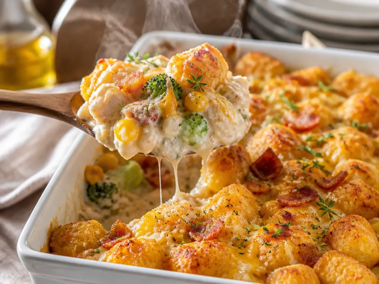 Veggie-packed tater tot casserole with visible peas, carrots, and corn in the filling
