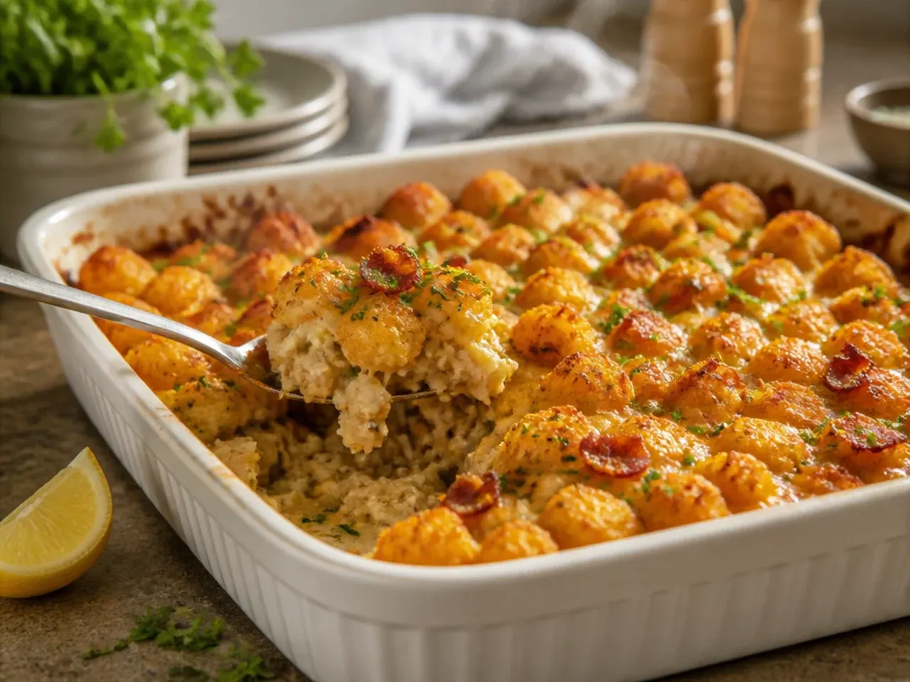 Low-carb cauliflower tot casserole with a lighter golden top layer