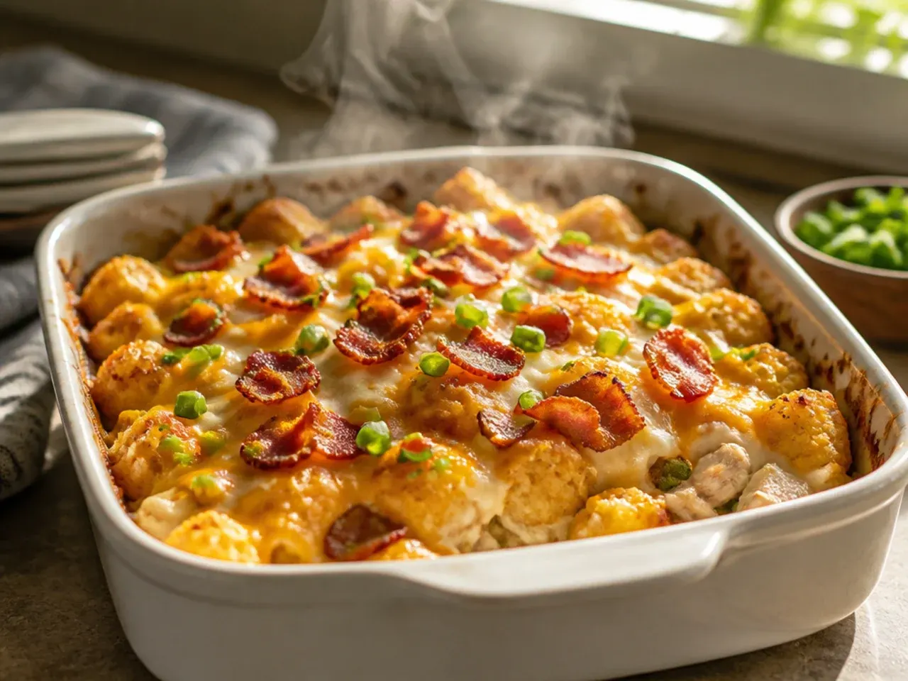 Smoky bacon tater tot casserole with thick-cut bacon pieces and a paprika-flecked sauce