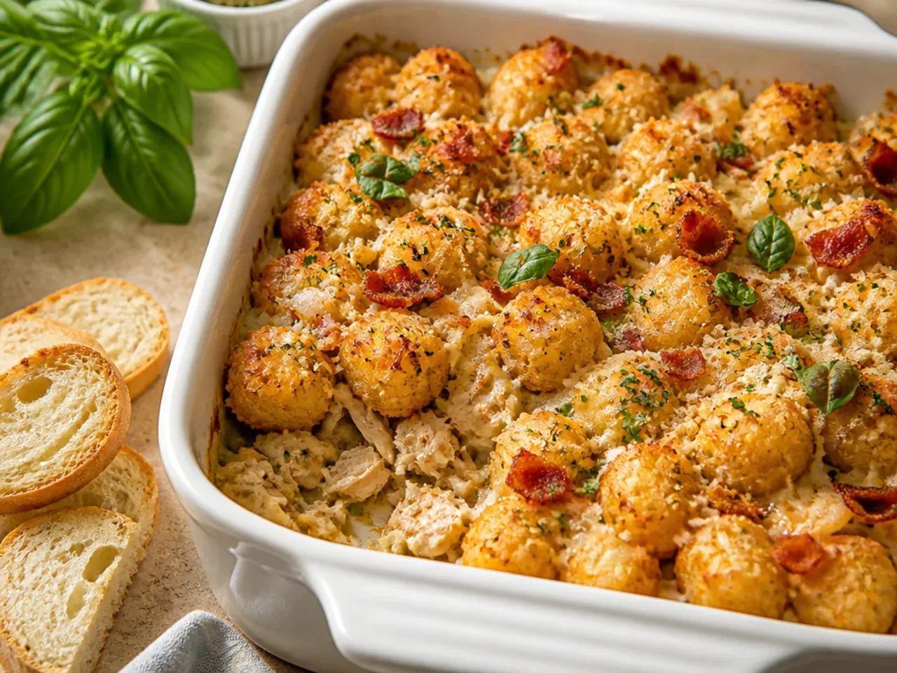 Gluten-free chicken bacon ranch tater tot casserole on a table with the seasoning packet nearby