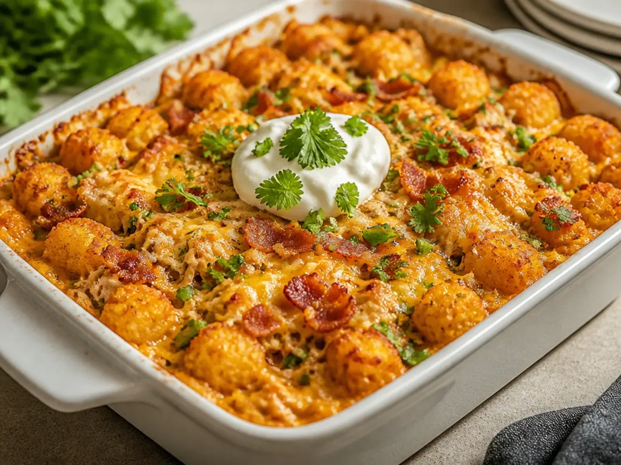 Buffalo chicken tater tot casserole drizzled with ranch and scattered with blue cheese crumbles
