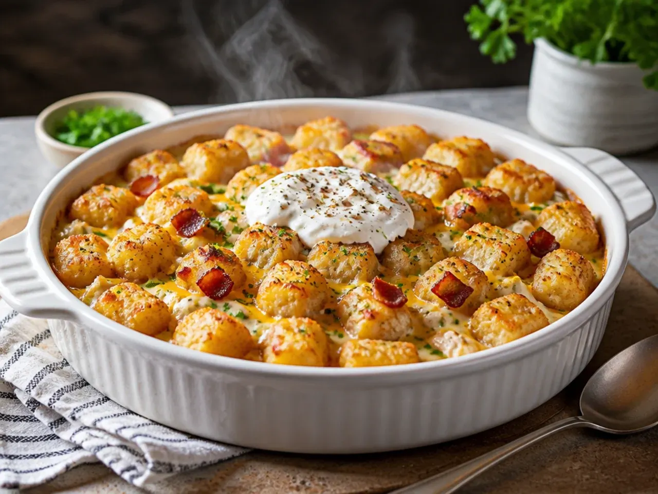 Kid-friendly mild tater tot casserole served in small individual portions
