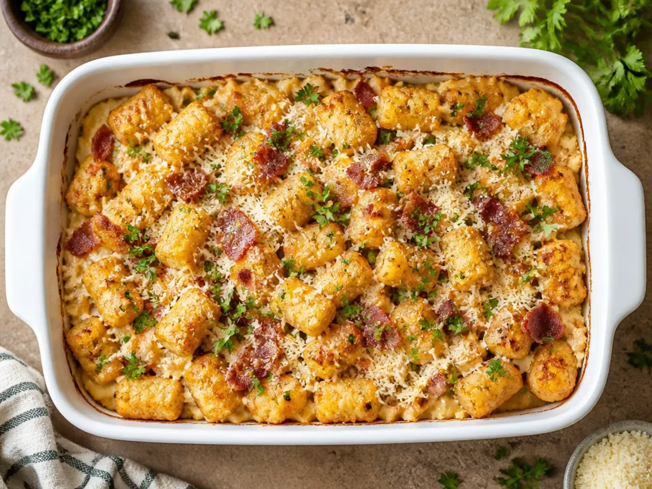 Leftover turkey bacon ranch tater tot casserole made from holiday roast turkey