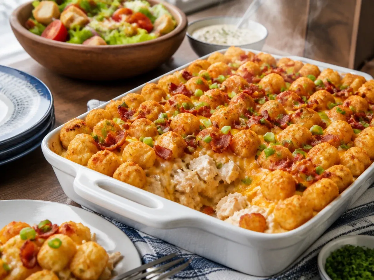 Plate of chicken bacon ranch tater tot casserole served with a green salad on the side