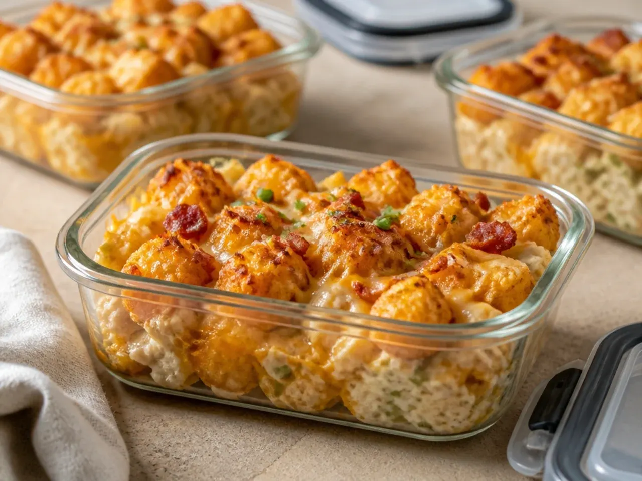 Leftover chicken bacon ranch tater tot casserole in a storage container in the fridge