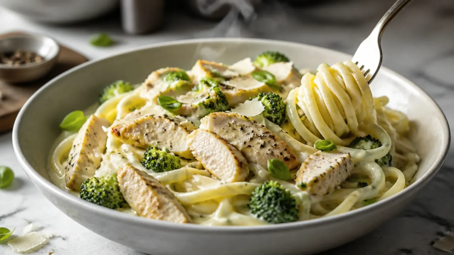 Overhead view of creamy chicken broccoli alfredo pasta twirled in a skillet, topped with grated parmesan, cracked black pepper and bright green broccoli florets