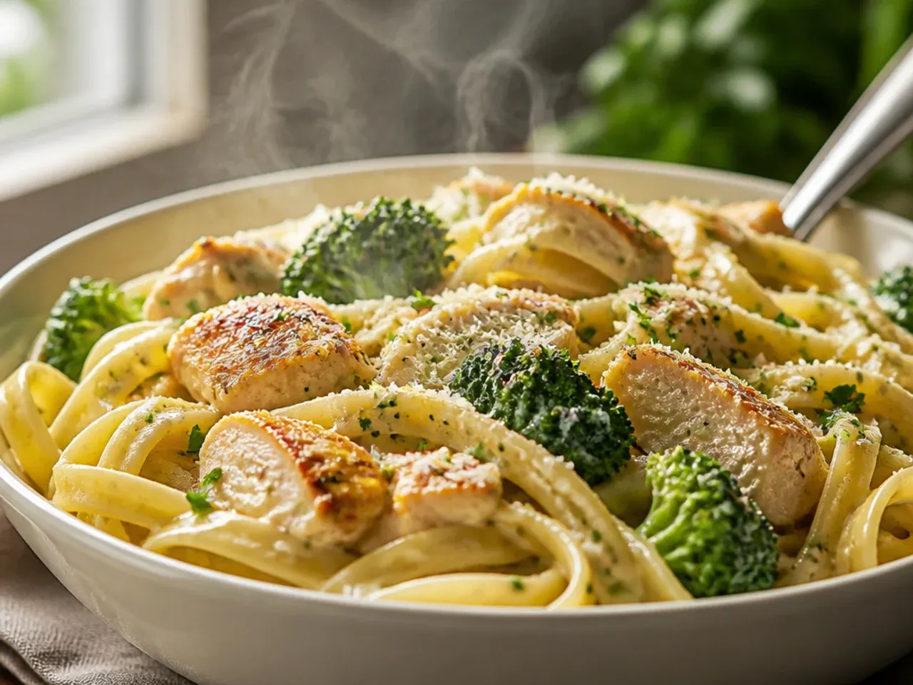 Bowl of creamy chicken broccoli alfredo pasta with parmesan on top, styled for a Pinterest pin