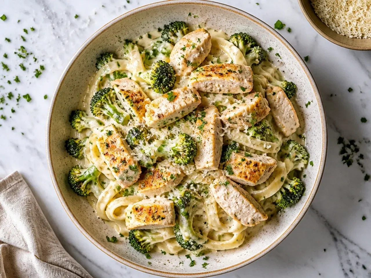 Classic chicken broccoli alfredo with fettuccine in a white bowl, close-up