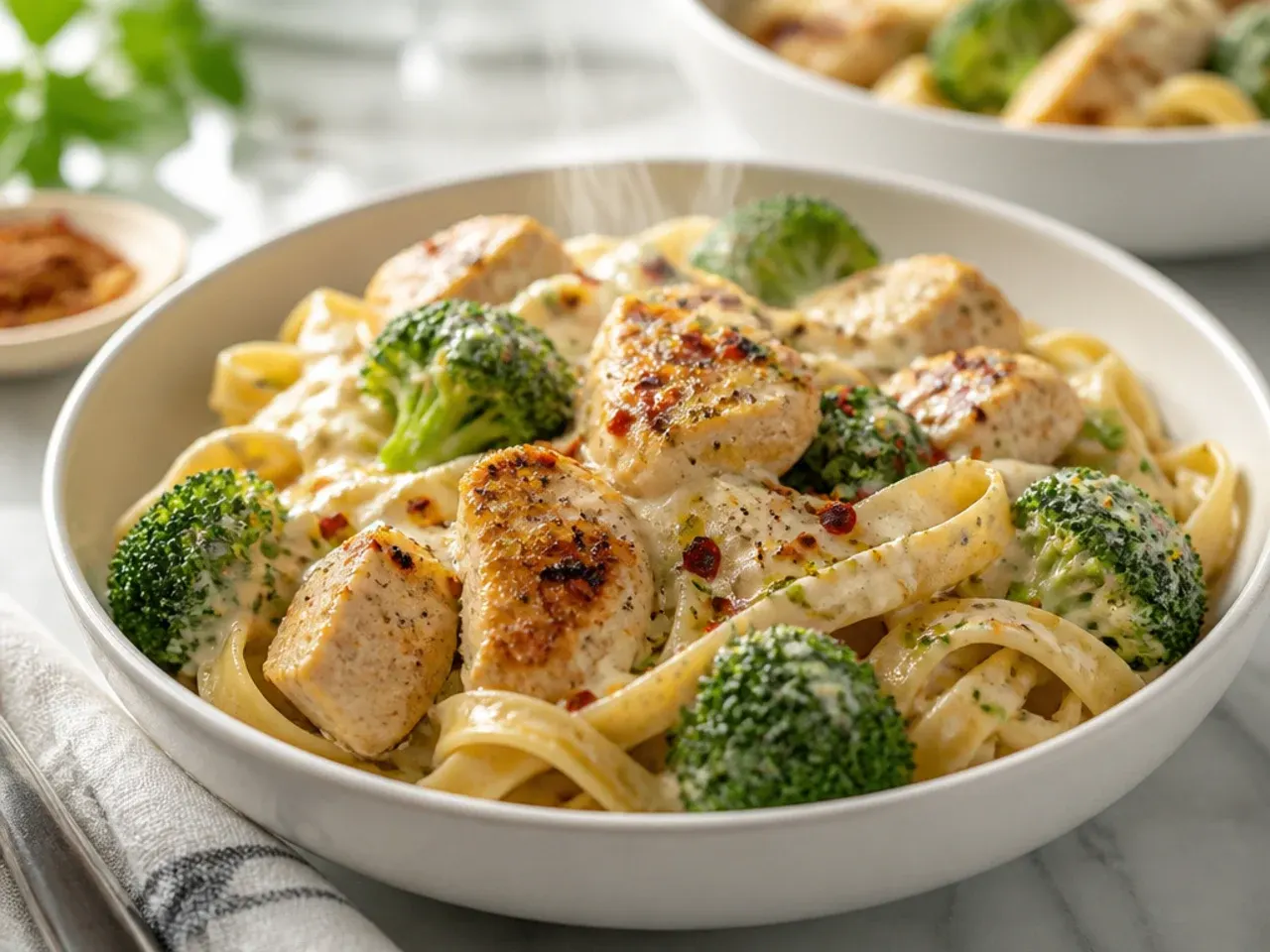 Skillet of quick chicken broccoli alfredo cooking on the stovetop