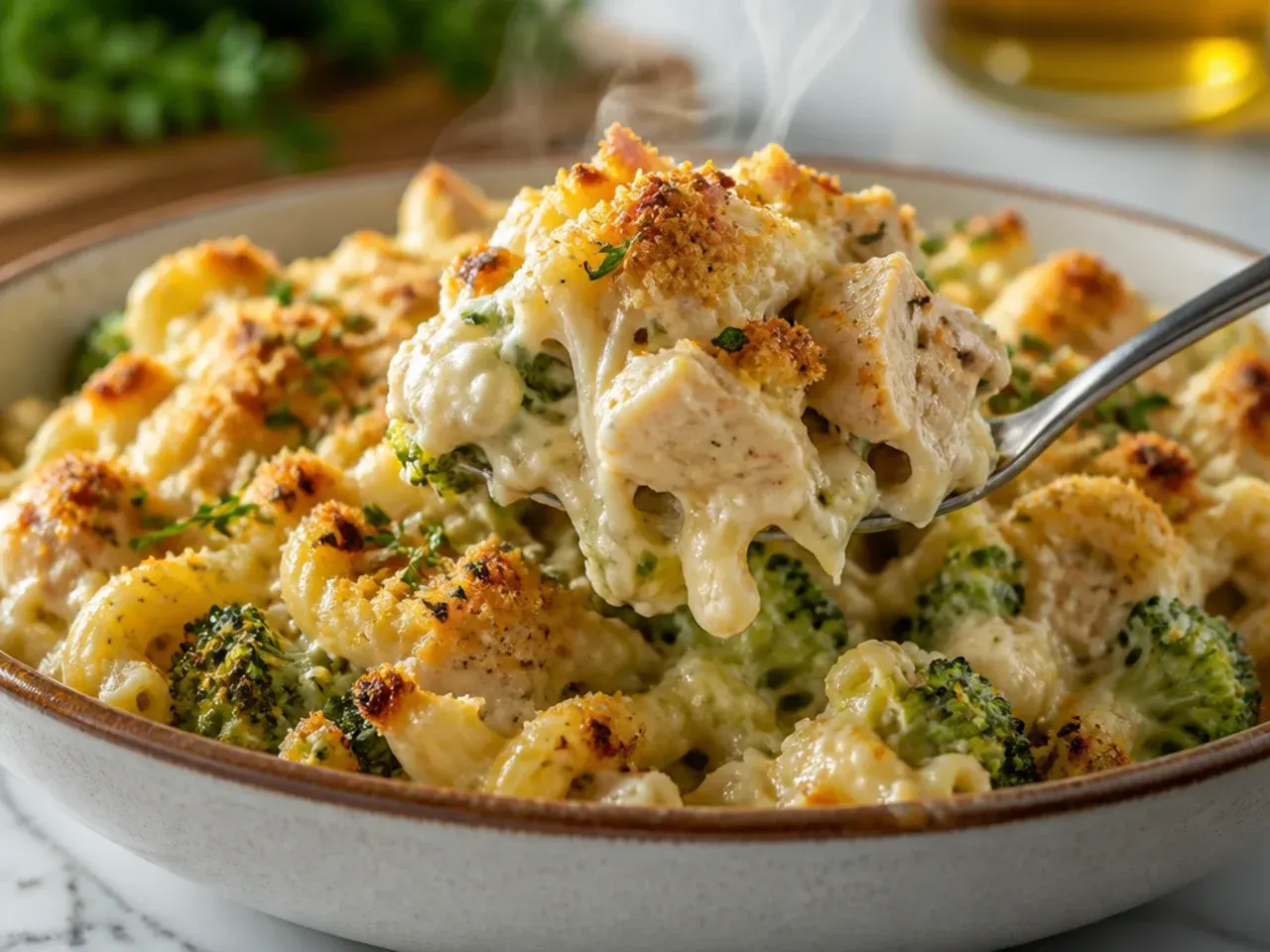 Baked chicken broccoli alfredo casserole in a dish with golden breadcrumb topping