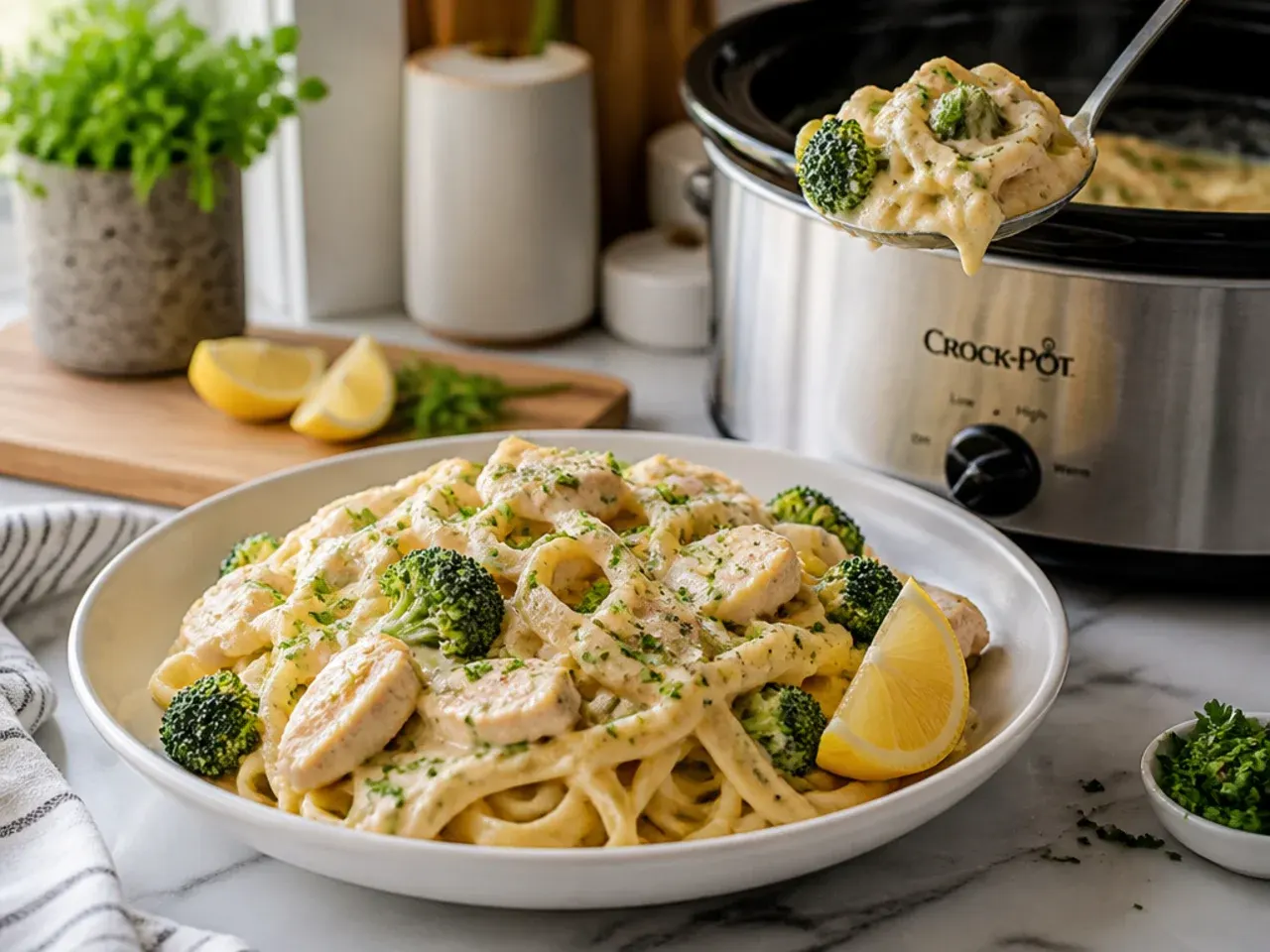 Slow cooker filled with shredded chicken broccoli alfredo sauce