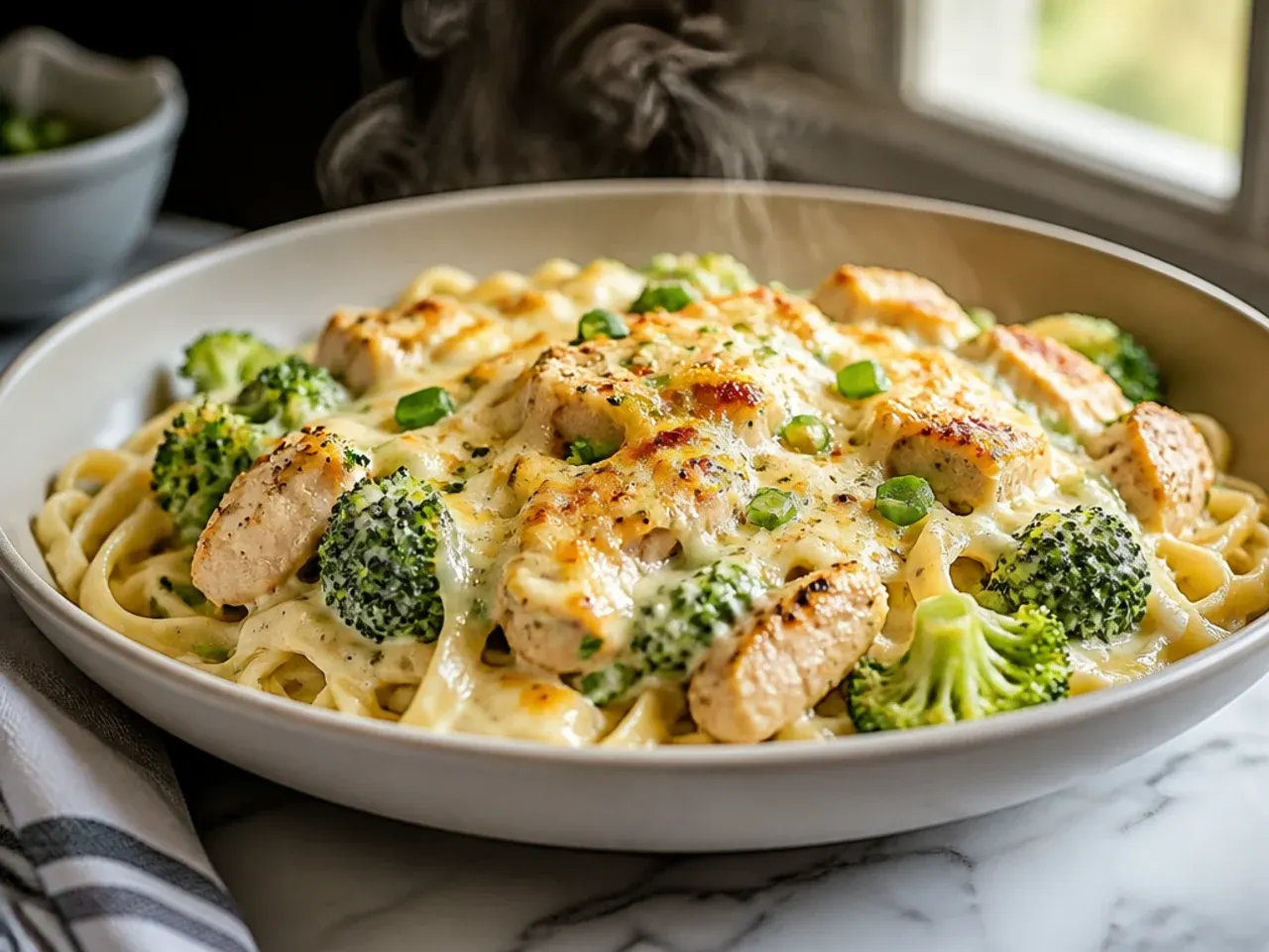 Extra creamy chicken broccoli alfredo sauce being stirred in a pan