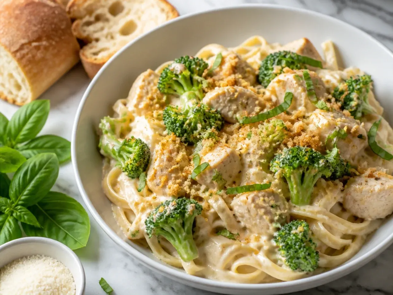 Simple five ingredient chicken broccoli alfredo laid out on a counter