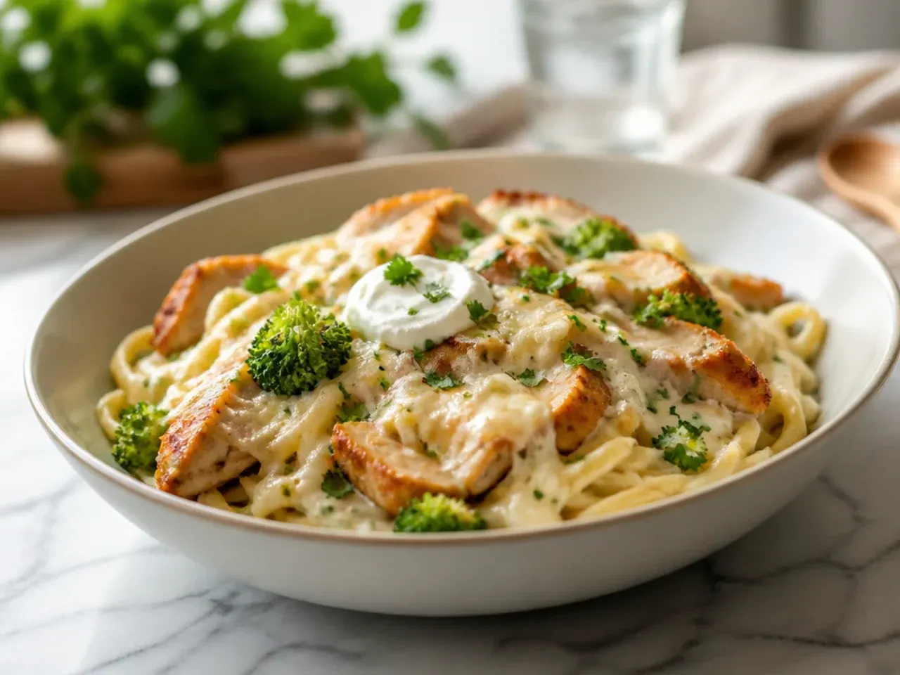 Cheese pull shot of three-cheese chicken broccoli alfredo pasta