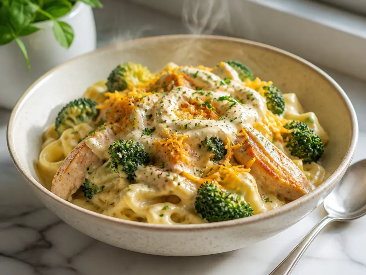 Broccoli cheddar chicken alfredo pasta in a bowl with melted cheddar