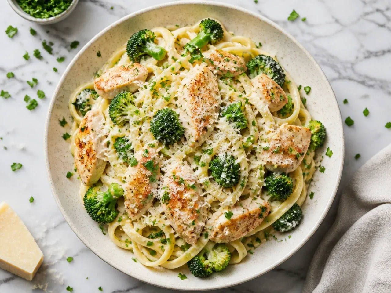 Budget-friendly chicken broccoli alfredo made with a milk-based sauce