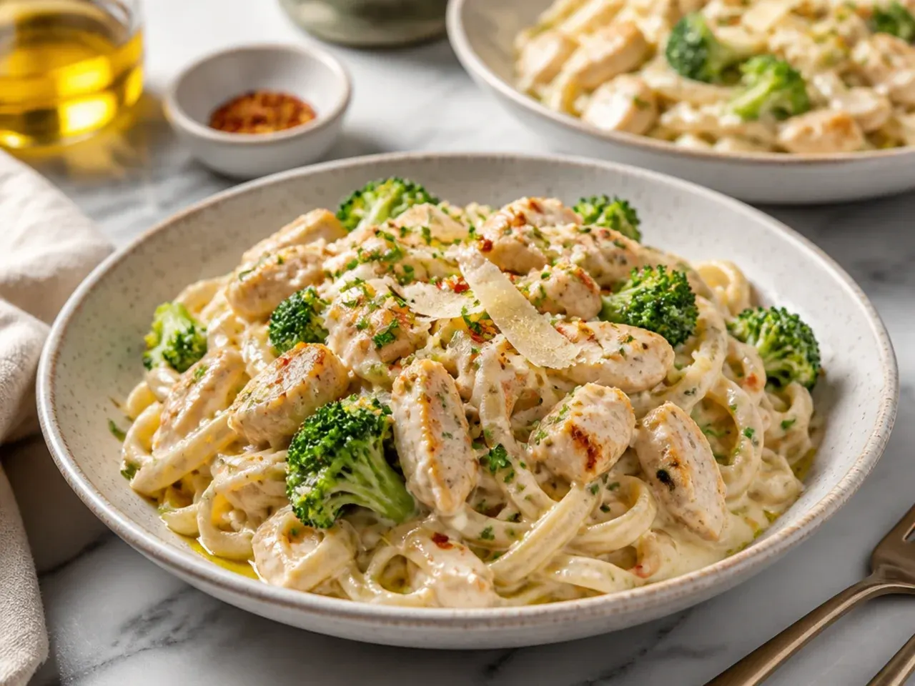 One-pan chicken broccoli alfredo simmering with pasta cooking directly in the sauce