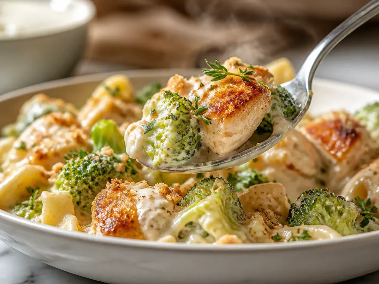 Roasted garlic head next to a pan of rustic chicken broccoli alfredo