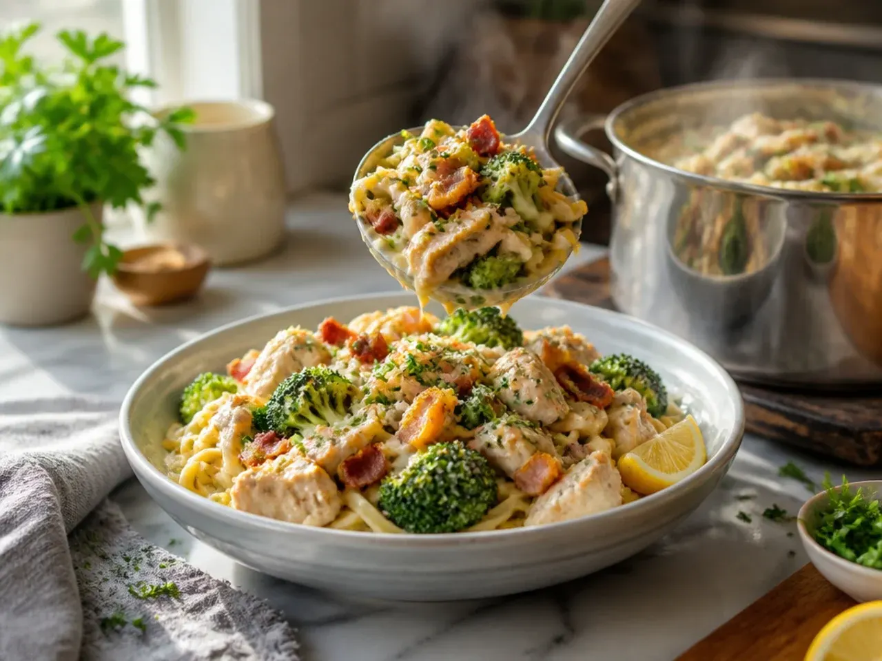 Loaded bacon ranch chicken broccoli alfredo topped with crispy bacon bits