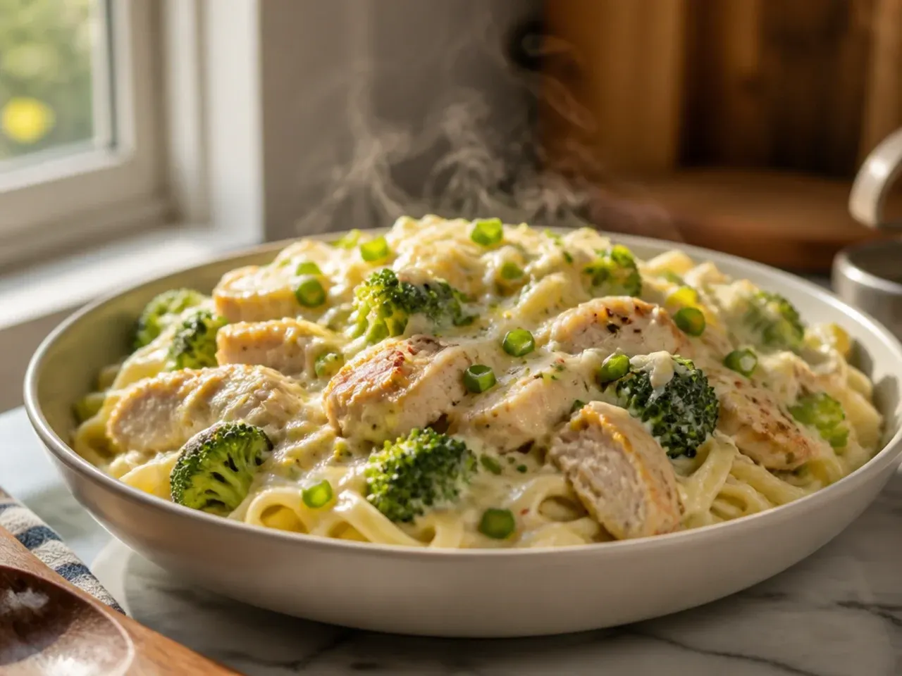 Large family-size tray of chicken broccoli alfredo for a crowd