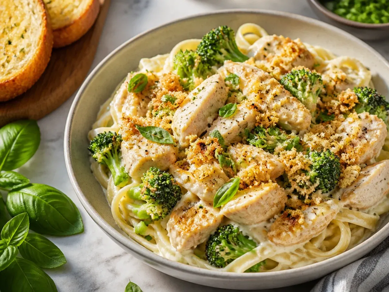 Restaurant-style plated chicken broccoli alfredo with a wine glass in the background