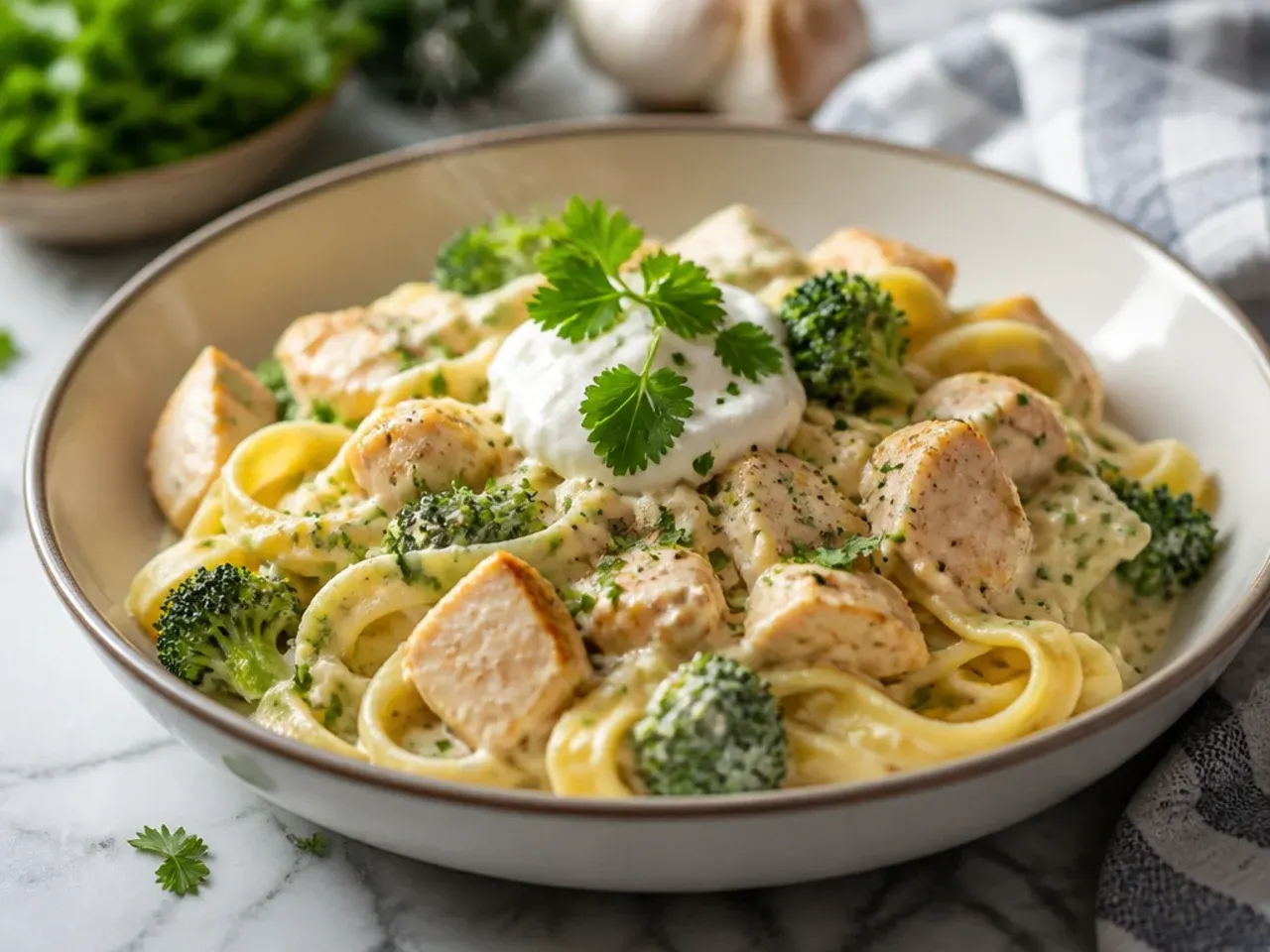 One pot of no-drain chicken broccoli alfredo simmering on the hob