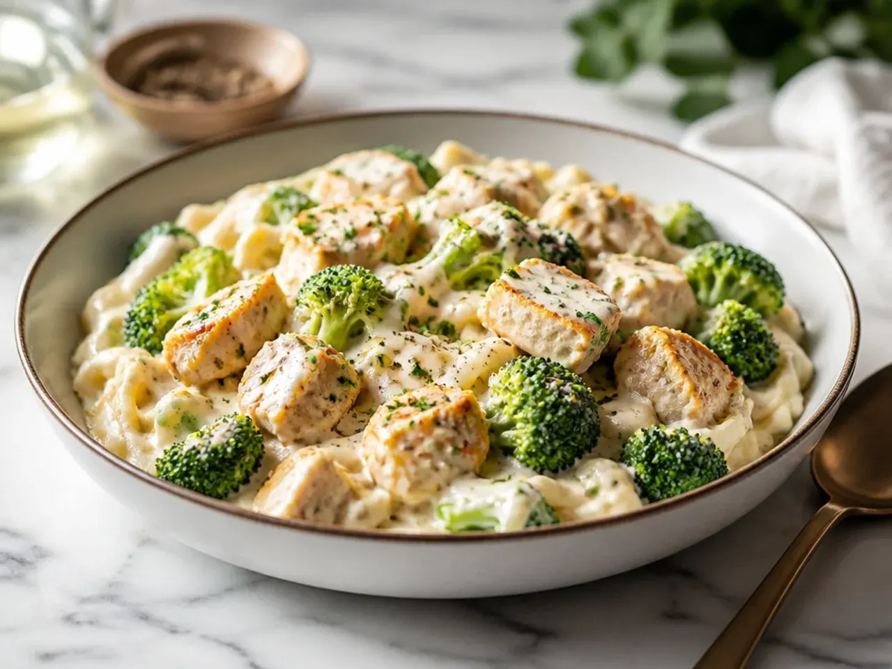 Instant Pot chicken broccoli alfredo with the lid open showing creamy pasta